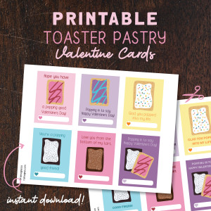Printable toaster pastry Valentine cards with six designs on a sheet