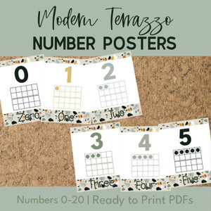 Modern Terrazzo printable number posters 0 to 20 with ten frames and number words