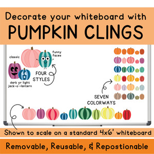 Pumpkin whiteboard clings in four styles and seven colorways on a whiteboard