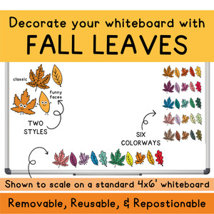 Fall leaves whiteboard clings in two styles shown to scale on a 4x6 foot whiteboard