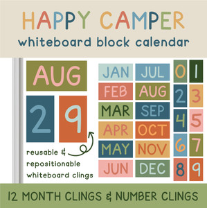 Happy Camper block calendar whiteboard clings with 12 month clings and 12 number clings