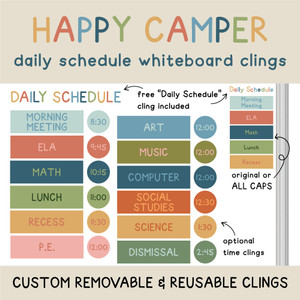 Happy Camper colorblock daily schedule whiteboard clings with a free Daily Schedule header and time clings