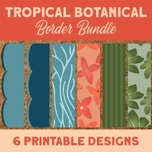 Tropical Botanical printable border bundle with six scalloped, wave, flower, and leaf designs