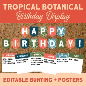 Tropical Botanical classroom birthday display with Happy Birthday bunting and monthly posters on cork