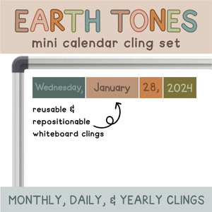 Earth Tones mini calendar whiteboard clings showing weekday, month, date, and year