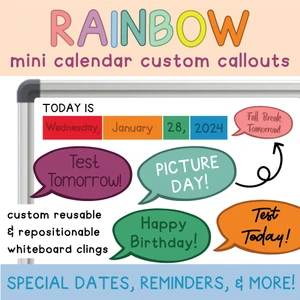 Rainbow mini calendar callout clings for tests, picture day, and birthdays