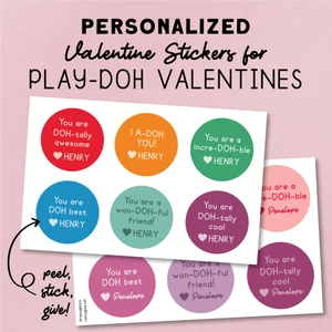 Sheets of personalized Play-Doh Valentine stickers