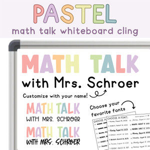 Pastel Math Talk whiteboard cling on a whiteboard