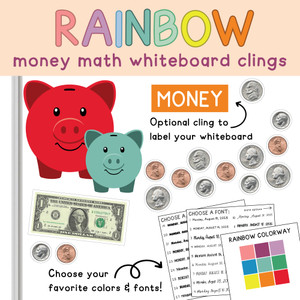 Rainbow money math piggy bank whiteboard clings on a whiteboard