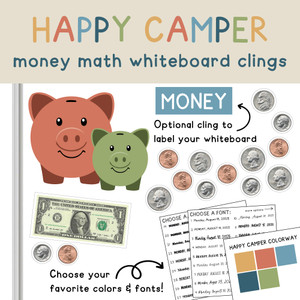 Happy Camper money math piggy bank whiteboard clings on a whiteboard