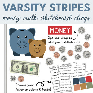 Varsity Stripes money math piggy bank whiteboard clings on a whiteboard