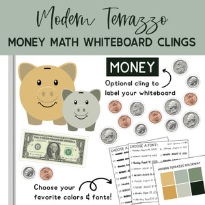 Modern Terrazzo money math piggy bank whiteboard clings on a whiteboard