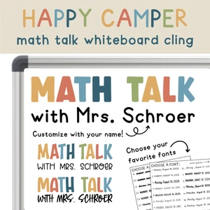 Happy Camper Math Talk whiteboard cling on a whiteboard
