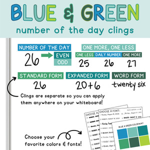 Blue and Green Number of the Day whiteboard clings on a whiteboard