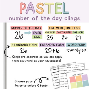 Pastel Number of the Day whiteboard clings on a whiteboard