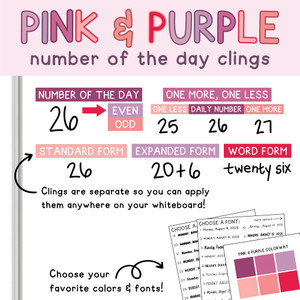 Pink and Purple Number of the Day whiteboard clings on a whiteboard