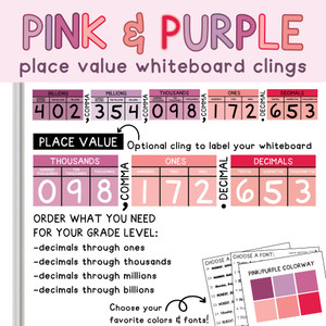 Pink and Purple place value whiteboard cling display on a whiteboard