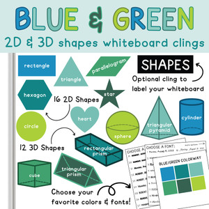 Blue and Green 2D and 3D shapes whiteboard clings on a whiteboard