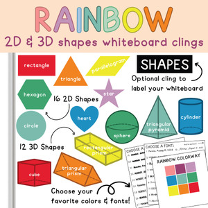 Rainbow 2D and 3D shapes whiteboard clings on a whiteboard