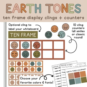 Earth Tones ten frame whiteboard cling with counters on a whiteboard