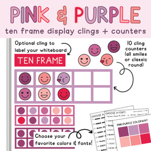 Pink and Purple ten frame whiteboard cling with counters on a whiteboard