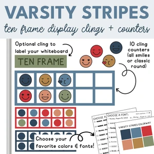 Varsity Stripes ten frame whiteboard cling with counters on a whiteboard