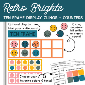 Retro Brights ten frame whiteboard cling with counters on a whiteboard