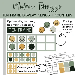 Modern Terrazzo ten frame whiteboard cling with counters on a whiteboard