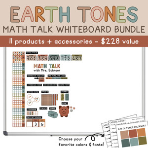 Earth Tones Math Talk Whiteboard Bundle (half whiteboard) with ten frame, place value, base 10, money, and shapes clings