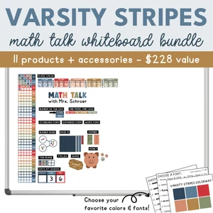Varsity Stripes Math Talk Whiteboard Bundle (half whiteboard) with ten frame, place value, base 10, money, and shapes clings