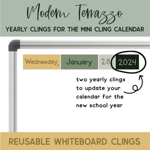Modern Terrazzo mini calendar whiteboard clings showing weekday, month, date, and year