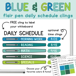 Blue and Green flair pen daily schedule whiteboard clings with a free Daily Schedule header and optional time clings