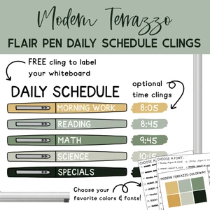 Modern Terrazzo flair pen daily schedule whiteboard clings with a free Daily Schedule header and optional time clings