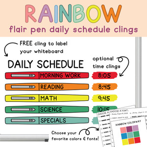 Rainbow flair pen daily schedule whiteboard clings with a free Daily Schedule header and optional time clings