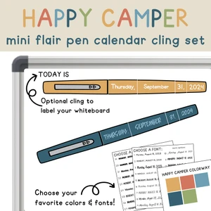 Happy Camper mini flair pen calendar clings on a whiteboard with an optional "Today is" cling