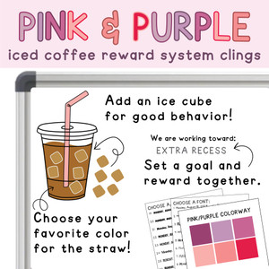 Pink and Purple iced coffee reward system clings with ice cubes and a class goal on a whiteboard