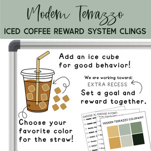 Modern Terrazzo iced coffee reward system clings with ice cubes and a class goal on a whiteboard