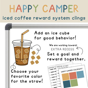 Happy Camper iced coffee reward system clings with ice cubes and a class goal on a whiteboard