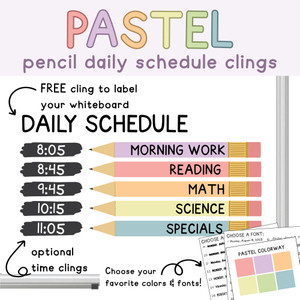 Pastel pencil daily schedule whiteboard clings with a free Daily Schedule header and optional time clings
