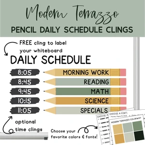 Modern Terrazzo pencil daily schedule whiteboard clings with a free Daily Schedule header and optional time clings