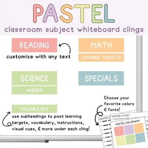 Pastel classroom subject whiteboard clings with header and subheader labels