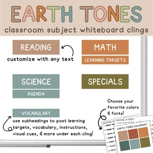 Earth Tones classroom subject whiteboard clings with header and subheader labels