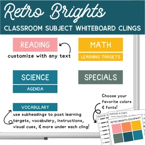 Retro Brights classroom subject whiteboard clings with header and subheader labels
