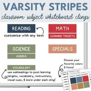 Varsity Stripes classroom subject whiteboard clings with header and subheader labels