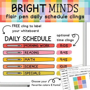 Bright Minds flair pen daily schedule whiteboard clings with a free Daily Schedule header and optional time clings