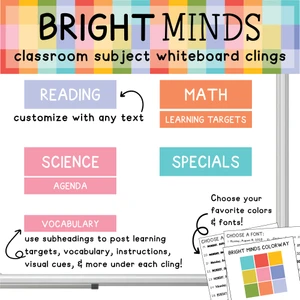 Bright Minds classroom subject whiteboard clings with header and subheader labels