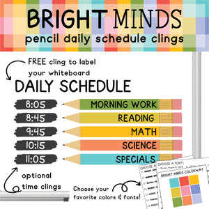 Bright Minds pencil daily schedule whiteboard clings with a free Daily Schedule header and optional time clings