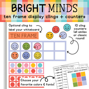 Bright Minds ten frame whiteboard cling with counters on a whiteboard