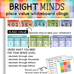 Bright Minds place value whiteboard cling display on a whiteboard