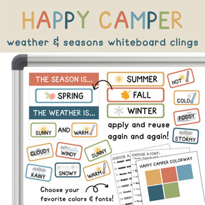 Happy Camper weather and seasons whiteboard clings